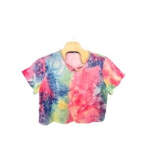 Womens Tie Dye Crisscross V-Neck Crop Top Short Sleeve Multi-Color Size 5XL